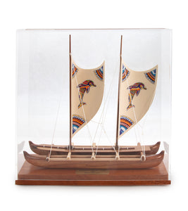 Koa 11.5”L Canoe "Hawaiian Voyage 2 Hull Sail/Dolphin" by Francis Pimmel - PIMM40802C