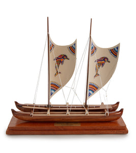 Koa 11.5”L Canoe "Hawaiian Voyage 2 Hull Sail/Dolphin" by Francis Pimmel - PIMM40802C