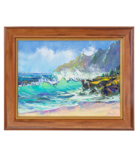 Original Painting:Pounders Beach 7/24  by Michael Powell in Koa Frame 16x12