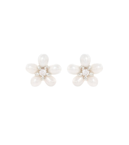 Pearl Plumeria Earrings, Cubic Zirconia - MJHC50028