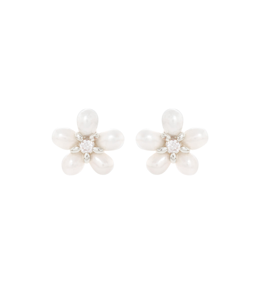 Pearl Plumeria Earrings, Cubic Zirconia - MJHC50028